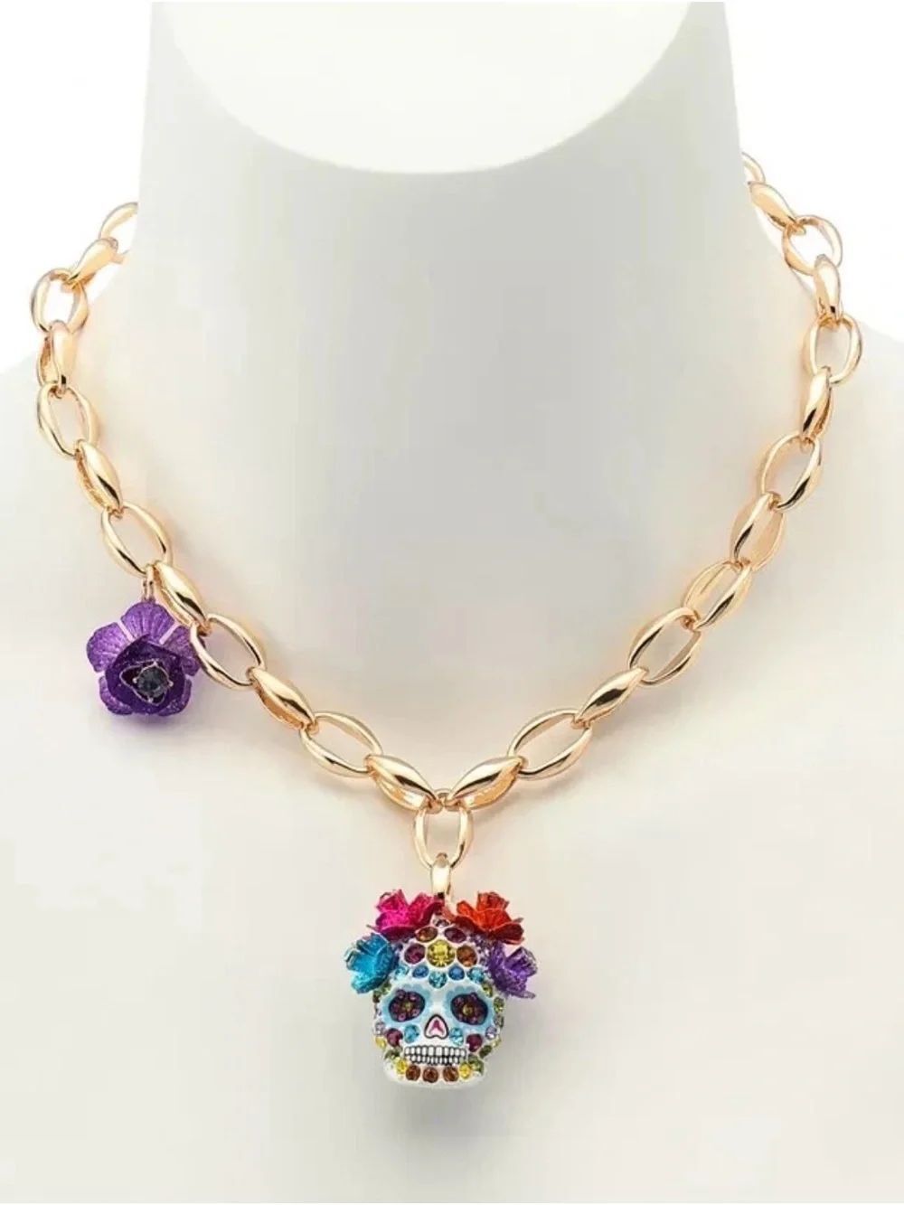 Betsey Johnson Gold-Tone Chain Necklace with Multicolor Floral Sugar Skull